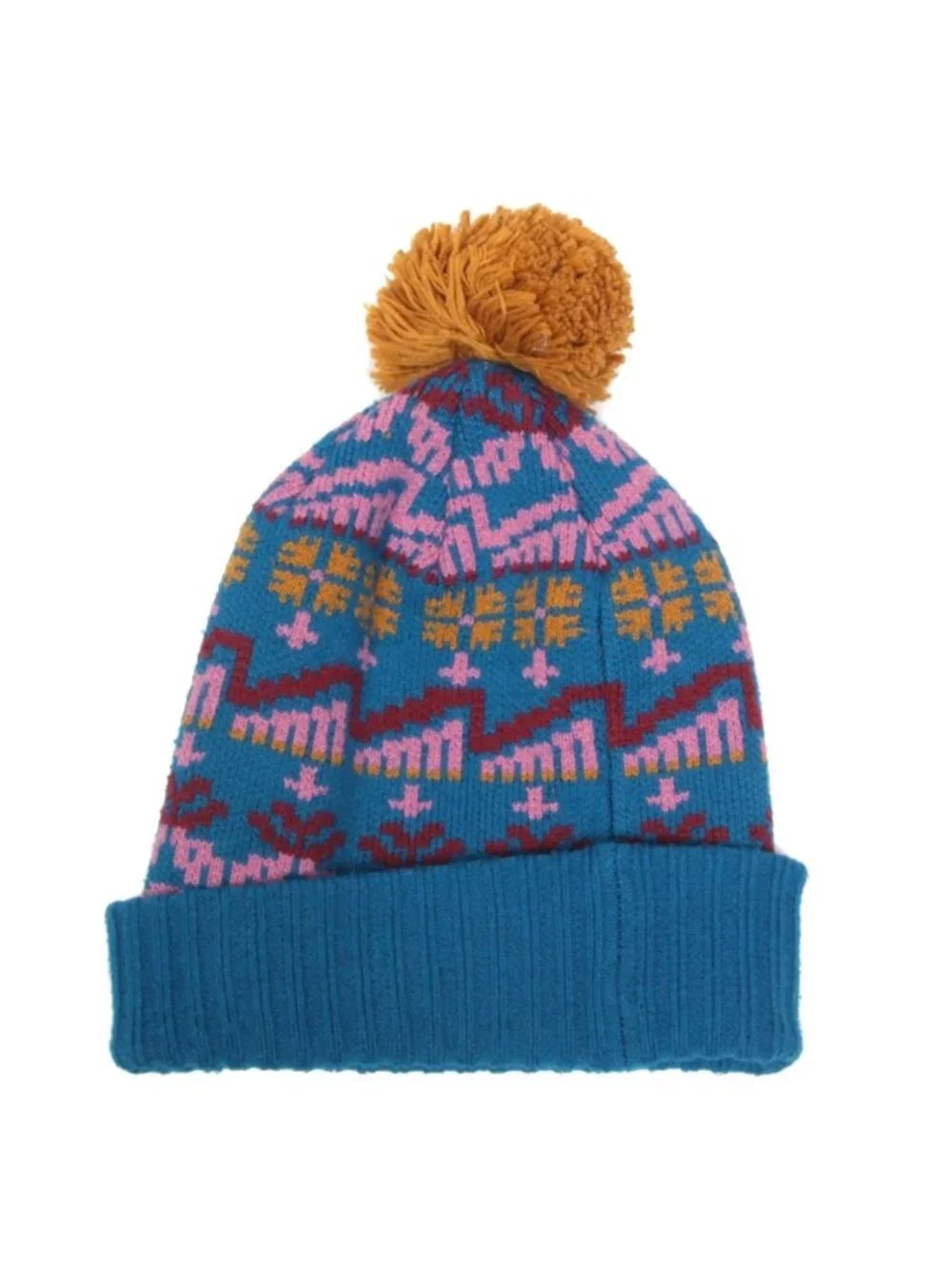 PATAGONIA Youth Blue Green Fair Isle Turquiose Blue Pink Burgundy Pom Ski Hat